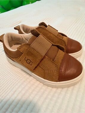 UGG Kids Tan and Brown Suede Leather Velcro Sneakers